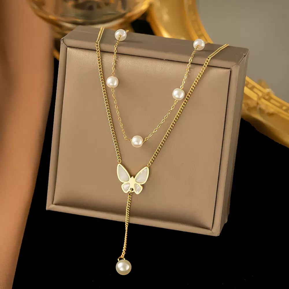 Butterfly Pearl Layered Necklace