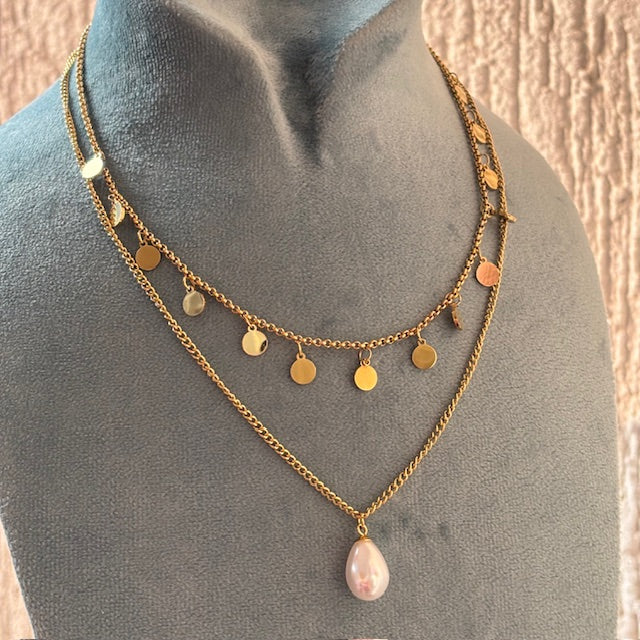 Layered charm pearl drop necklace