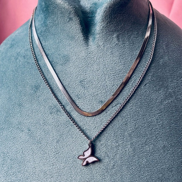 Layered Silver Butterfly Necklace